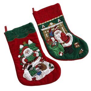 2 Vtg Velvet Santa 3D Christmas Stocking HoHo Xmas Present Embroidery *READ*